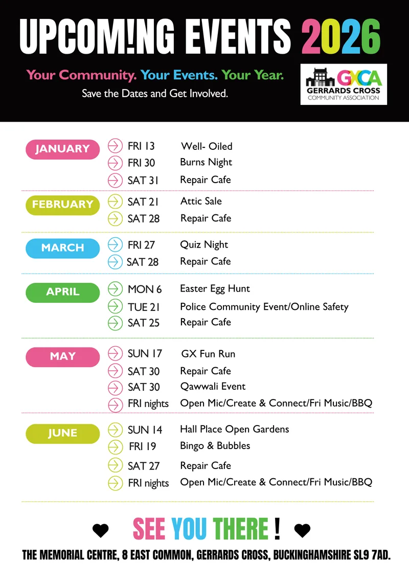 GXCA Upcoming Events 2026 calendar poster listing events from January to June.