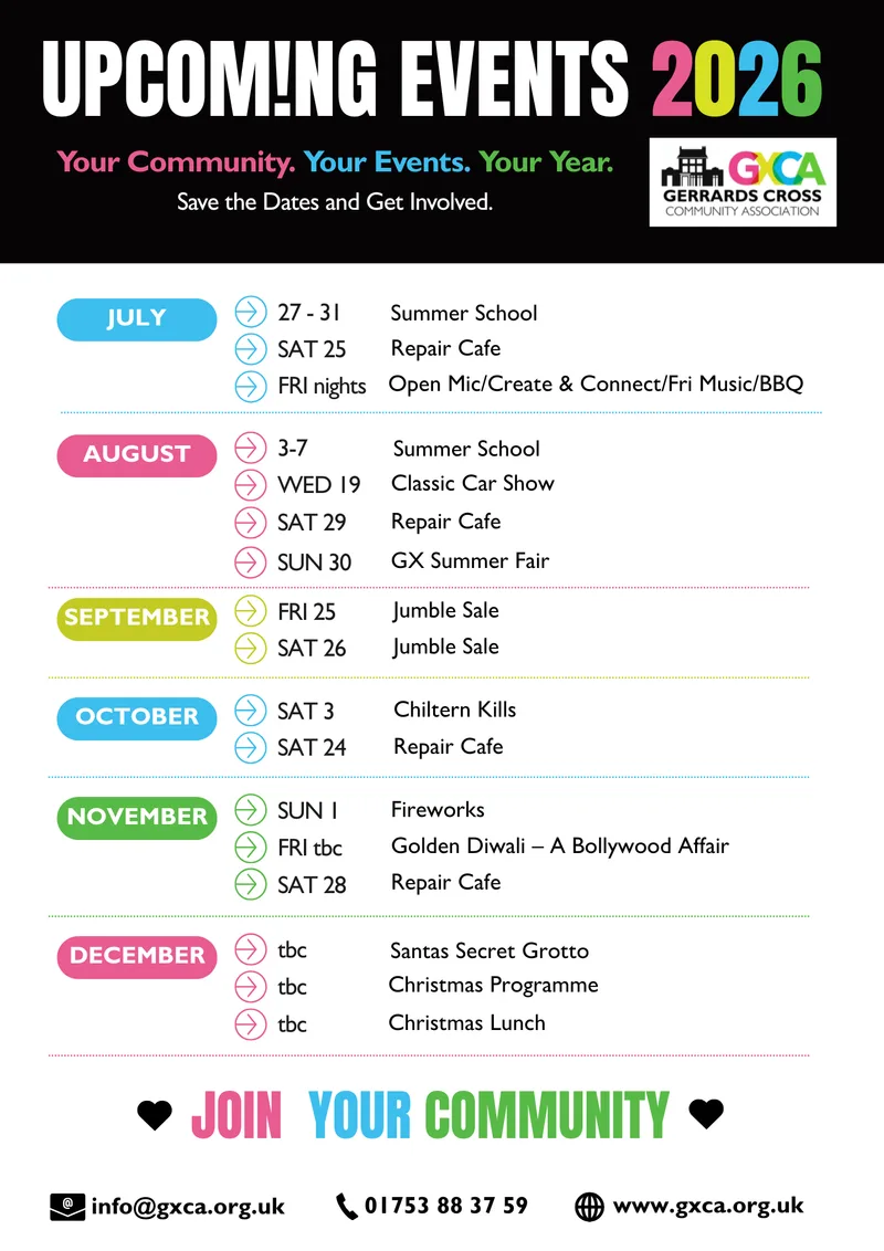 GXCA Upcoming Events 2026 calendar poster listing events from July to December.